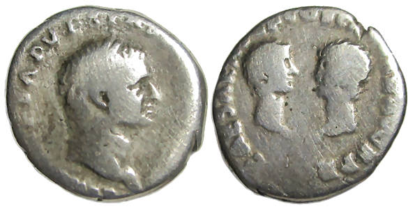 Vespasian AR Denarius : Facing Busts of Titus and Domitian